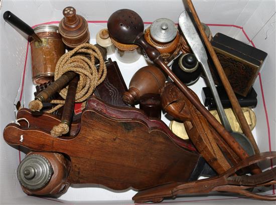 Mixed treen, bellows & stoneware bottles